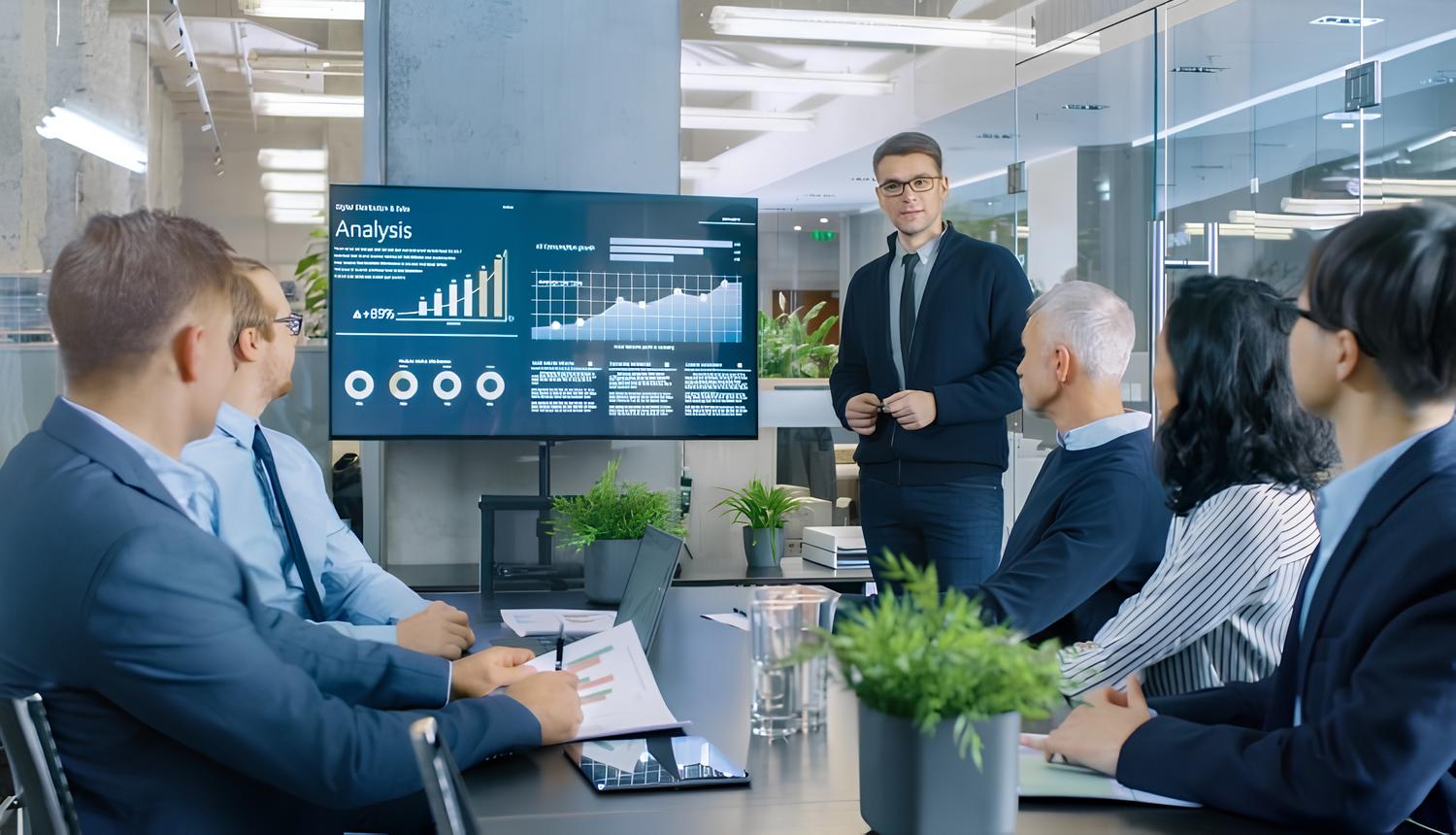 Visualización de datos ejecutiva en un panel de control moderno con gráficos y KPIs.